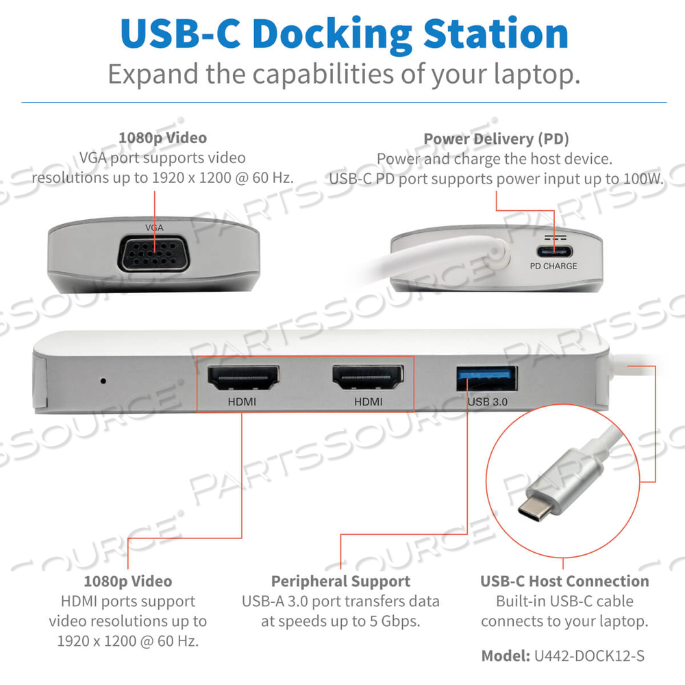 USB C DOCKING STATION W/USB HUB, 2X HDMI, VGA, PD CHARGING 1080P by Tripp Lite USB C DOCKING STATION W/USB HUB, 2X HDMI, VGA, PD CHARGING 1080P by Tripp Lite