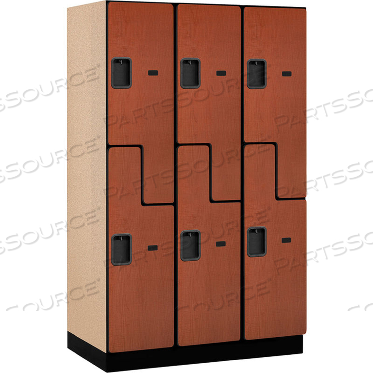 DOUBLE TIER 6 DOOR EXTRA WIDE DESIGNER WOOD LOCKER, 15"WX21"DX72"H, CHERRY, PART ASSEMBLED by Salsbury Industries