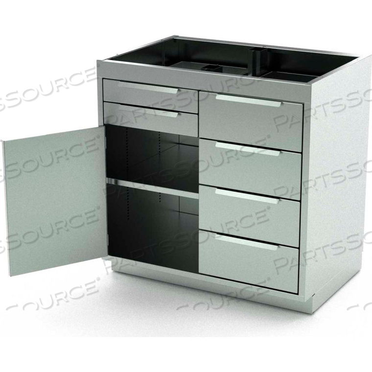 STAINLESS STEEL BASE CABINET, 1 HINGED DOOR, 1 SHELF, 6 DRAWERS, 48"W X 21"D X 36"H 