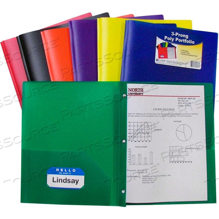 TWO-POCKET HEAVYWEIGHT POLY PORTFOLIO FOLDER WITH PRONGS, PRIMARY COLORS - 36/SET by C-Line TWO-POCKET HEAVYWEIGHT POLY PORTFOLIO FOLDER WITH PRONGS, PRIMARY COLORS - 36/SET by C-Line