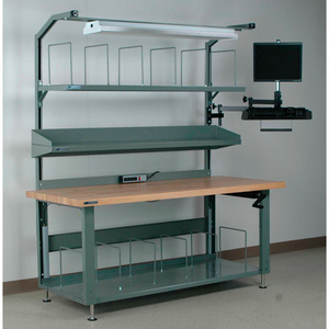 NO. 3 HYDRAULIC ADJ. HEIGHT PACKING WORKBENCH - BUTCHER BLOCK TOP SQUARE EDGE 96X30 GRAY by Stackbin Corporation