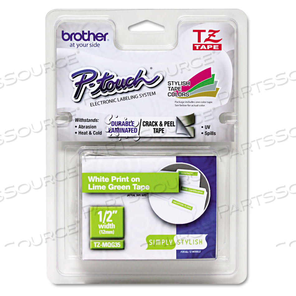 TZ STANDARD ADHESIVE LAMINATED LABELING TAPE, 0.47" X 16.4 FT, WHITE/LIME GREEN by Brother