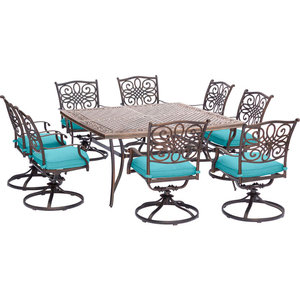 HANOVER TRADITIONS 9-PIECE DINING SET W/ SQUARE CAST-TOP DINING TABLE & 8 CUSHIONED SWIVEL ROCKERS by Almo