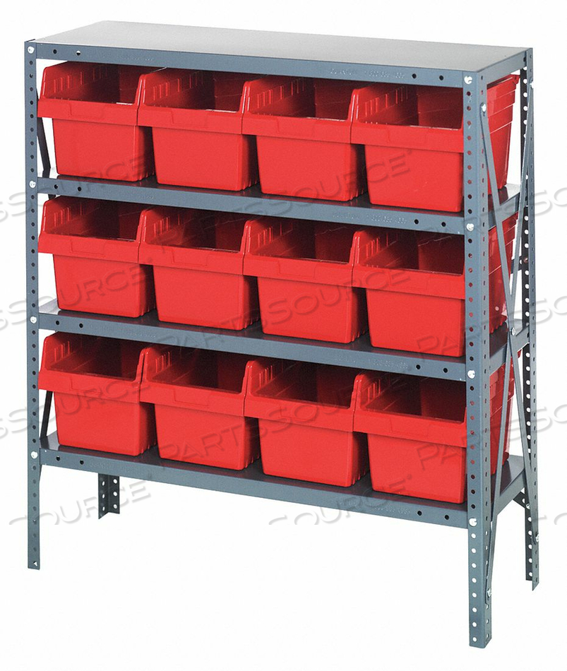 1239-SB807 STEEL SHELVING WITH 12 8"H PLASTIC SHELF BINS RED, 36X12X39-SB4 SHELVES by Quantum Storage Systems