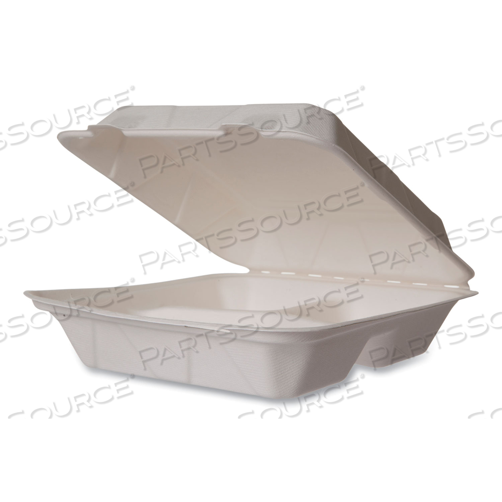 WHITE MOLDED FIBER CLAMSHELL CONTAINERS, 3-COMPARTMENT, 9 X 18 X 2, WHITE, SUGARCANE by Vegware WHITE MOLDED FIBER CLAMSHELL CONTAINERS, 3-COMPARTMENT, 9 X 18 X 2, WHITE, SUGARCANE by Vegware