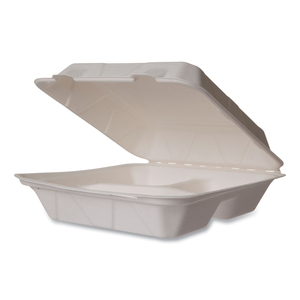 WHITE MOLDED FIBER CLAMSHELL CONTAINERS, 3-COMPARTMENT, 9 X 18 X 2, WHITE, SUGARCANE, 200/CARTON by Vegware WHITE MOLDED FIBER CLAMSHELL CONTAINERS, 3-COMPARTMENT, 9 X 18 X 2, WHITE, SUGARCANE, 200/CARTON by Vegware