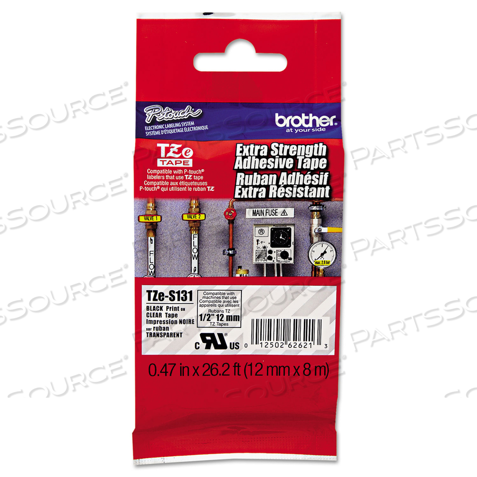 TZE EXTRA-STRENGTH ADHESIVE LAMINATED LABELING TAPE, 0.47" X 26.2 FT, BLACK ON CLEAR by Brother