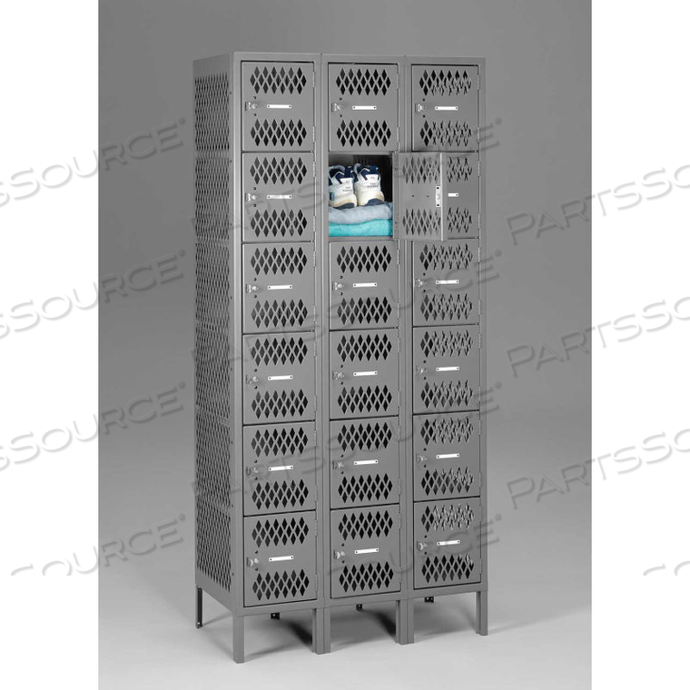 SIX TIER 18 DOOR WELDED VENTILATED LOCKER WITH LEGS, 12"WX18"DX12"H, MEDIUM GRAY, ASSEMBLED by Tennsco Corp.