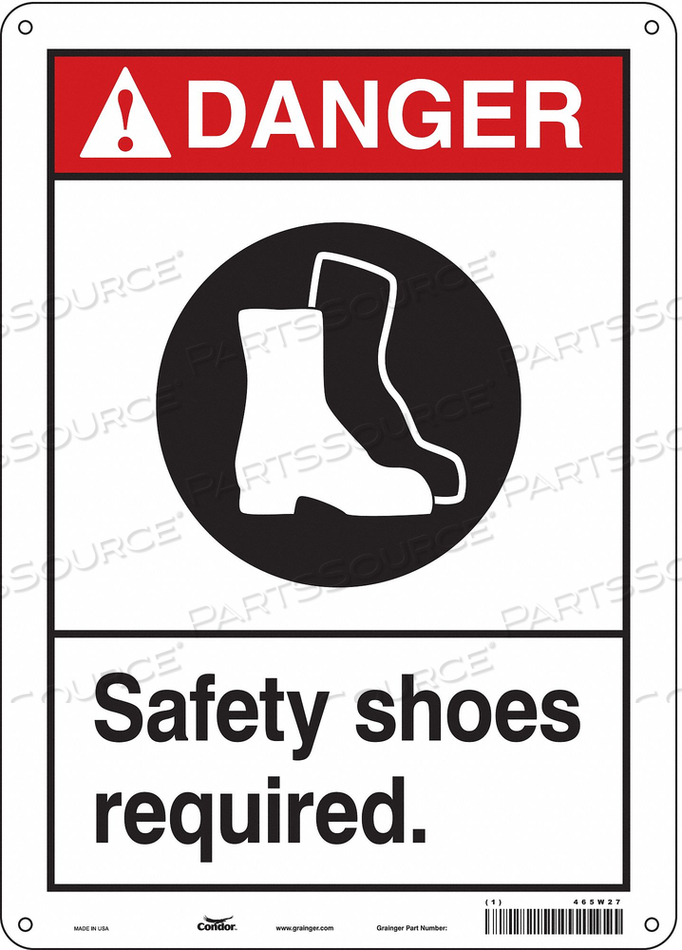SAFETY SIGN, VERTICAL RECTANGLE, NUMBER OF PRINTED SIDES 1, ENGLISH, SIGN FORMAT ANSI/OSHA FORMAT, SIGN LEGEND SAFETY SHOES REQUIRED., SIGN by Condor SAFETY SIGN, VERTICAL RECTANGLE, NUMBER OF PRINTED SIDES 1, ENGLISH, SIGN FORMAT ANSI/OSHA FORMAT, SIGN LEGEND SAFETY SHOES REQUIRED., SIGN by Condor
