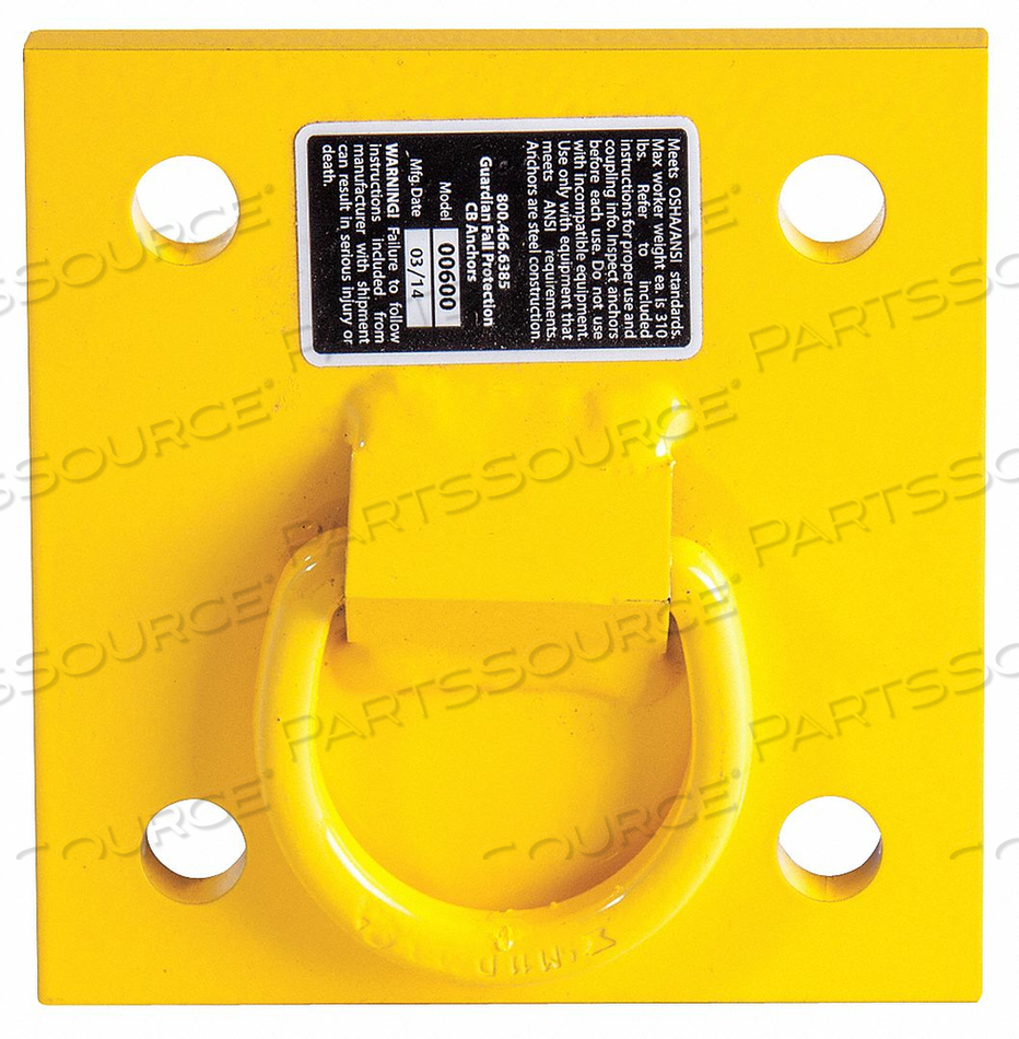 WALL ANCHOR, 6" X 6", POWDER COATED STEEL, BOLT-ON, 130-420 LBS. CAPACITY by Guardian Fall Protection WALL ANCHOR, 6" X 6", POWDER COATED STEEL, BOLT-ON, 130-420 LBS. CAPACITY by Guardian Fall Protection