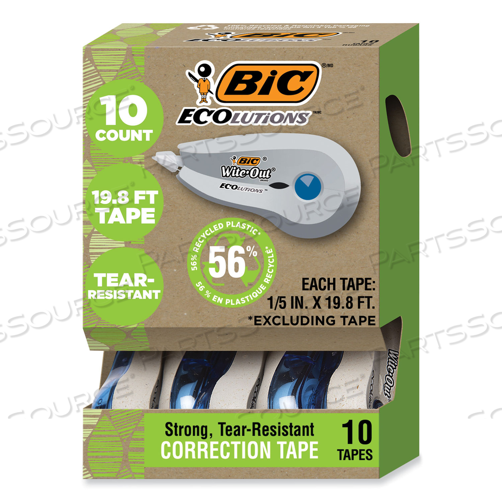 WITE-OUT BRAND ECOLUTIONS CORRECTION TAPE, NON-REFILLABLE, WHITE, 0.2" X 19.8 FT, 10/PACK 