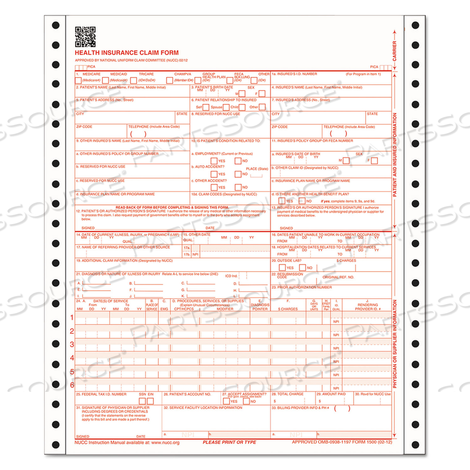 CMS HEALTH INSURANCE CLAIM FORM, THREE-PART CARBONLESS, 9.5 X 11, 100 FORMS TOTAL 