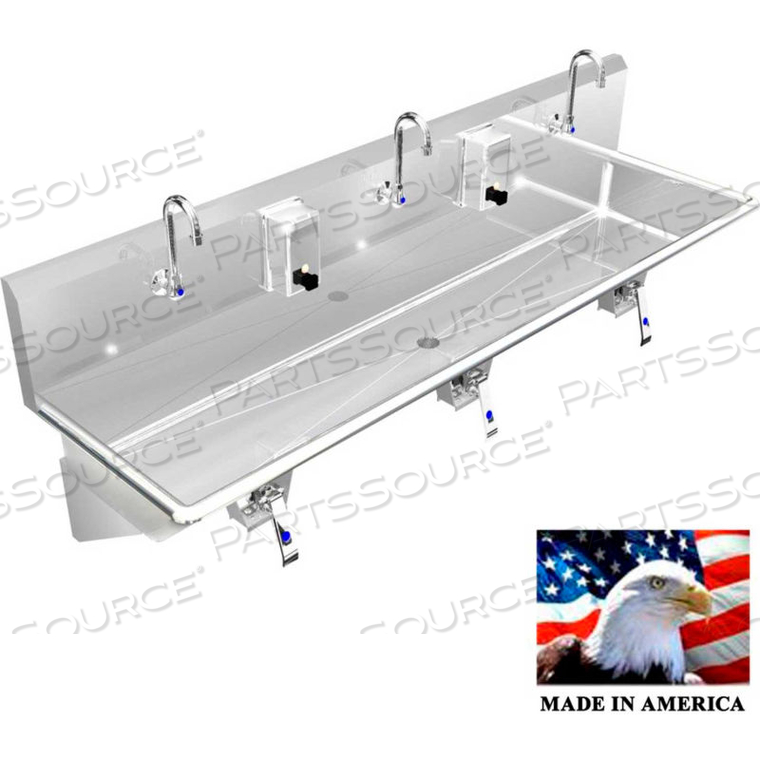 STAINLESS STEEL SINK, 3 USER W/KNEE VALVE OPERATED FAUCETS, WALL BRACKETS 60"L X 20"W X 8"D by Best Sheet Metal, Inc.
