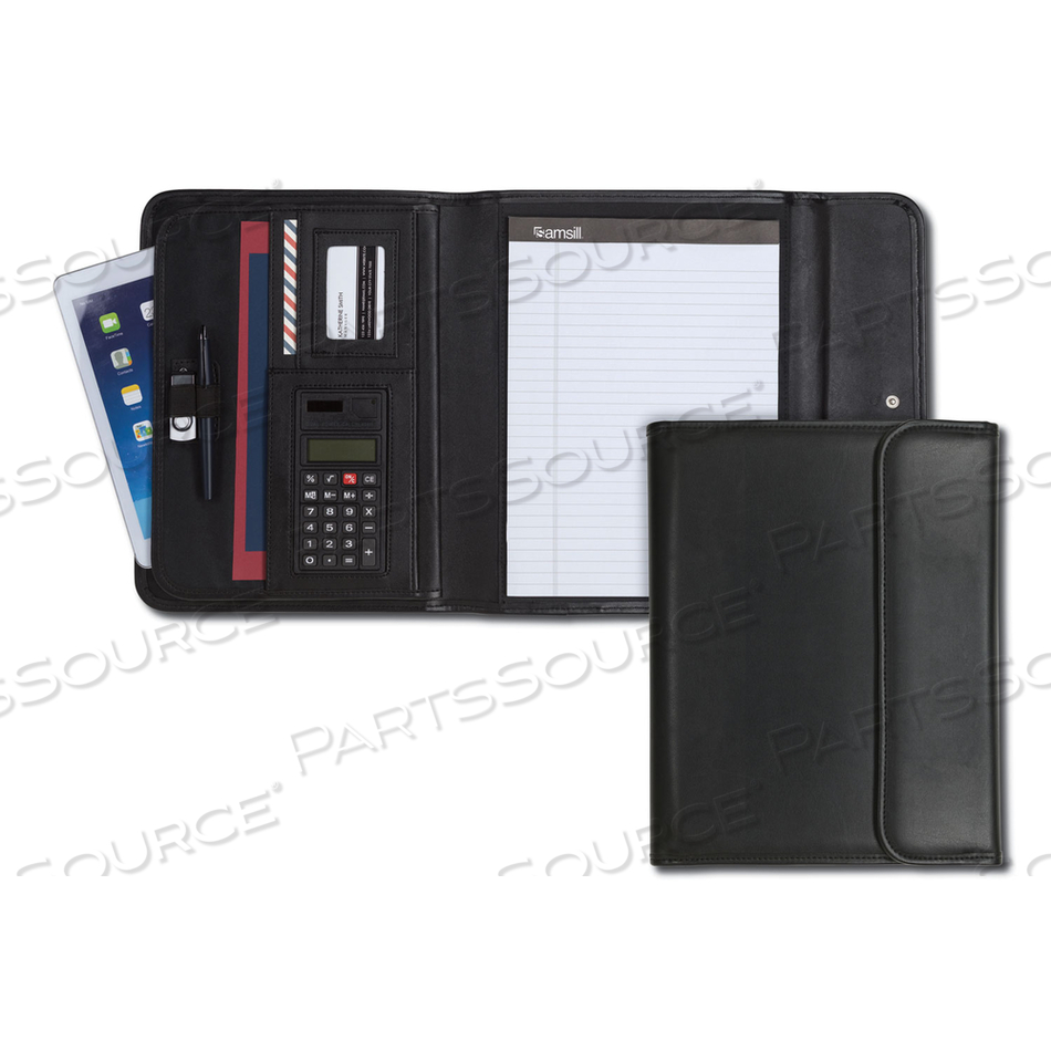 PROFESSIONAL TRI-FOLD PADFOLIO W/CALCULATOR, WRITING PAD, VINYL, BLACK 