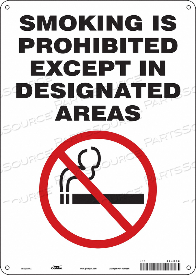 SAFETY SIGN, VERTICAL RECTANGLE, NUMBER OF PRINTED SIDES 1, ENGLISH, SIGN FORMAT OTHER FORMAT, SIGN LEGEND SMOKING IS PROHIBITED EXCEPT IN D by Condor