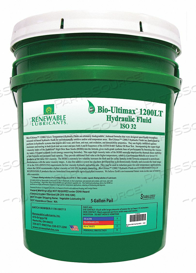 HYDRAULIC OIL PAIL YELLOW 5 GAL. by Renewable Lubricants HYDRAULIC OIL PAIL YELLOW 5 GAL. by Renewable Lubricants