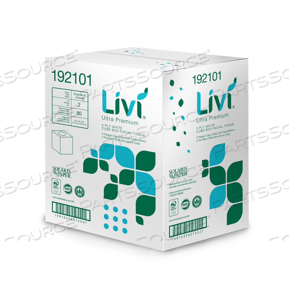 LIVI ULTRA PREMIUM FACIAL TISSUE, 2-PLY, WHITE, CUBE BOX, 80 SHEETS/BOX/CARTON by Livi