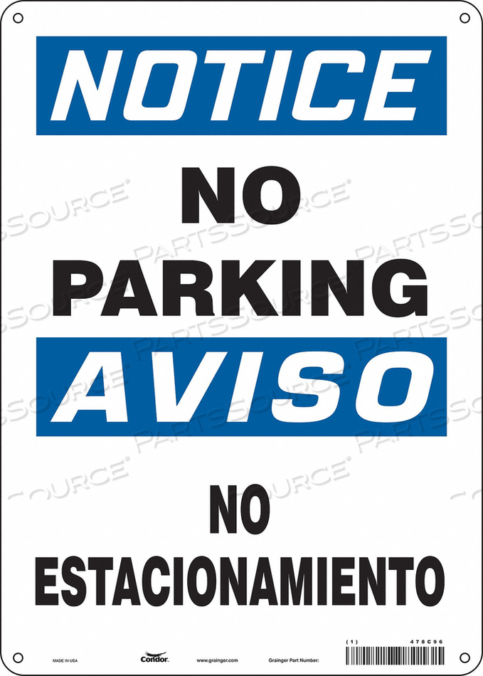 SAFETY SIGN, VERTICAL RECTANGLE, NUMBER OF PRINTED SIDES 1, ENGLISH, SPANISH, SIGN FORMAT TRADITIONAL OSHA, SIGN LEGEND NO PARKING/NO ESTACI by Condor SAFETY SIGN, VERTICAL RECTANGLE, NUMBER OF PRINTED SIDES 1, ENGLISH, SPANISH, SIGN FORMAT TRADITIONAL OSHA, SIGN LEGEND NO PARKING/NO ESTACI by Condor