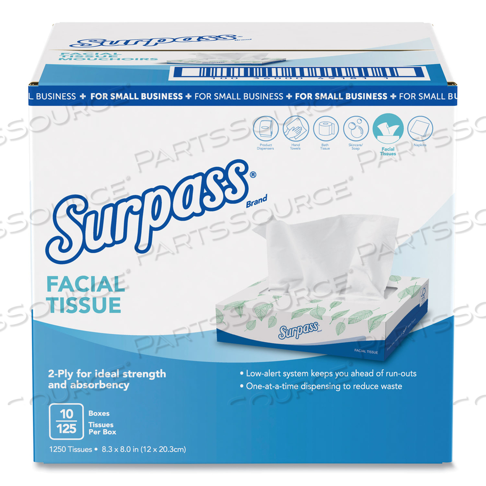 FACIAL TISSUE, 2-PLY, WHITE, FLAT BOX, 125/BOX, 10 BOXES/CARTON 