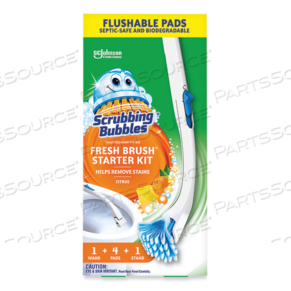 FRESH BRUSH TOILET CLEANING SYSTEM STARTER KIT, 19" WAND, 4 PADS, STAND by Scrubbing Bubbles