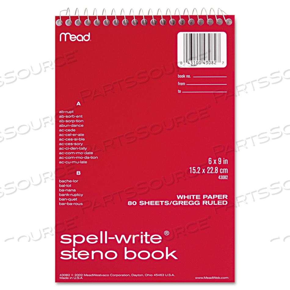 SPELL-WRITE WIREBOUND STENO PAD, GREGG RULE, RANDOMLY ASSORTED COVER COLORS, 80 WHITE 6 X 9 SHEETS by Mead