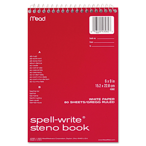 SPELL-WRITE WIREBOUND STENO PAD, GREGG RULE, RANDOMLY ASSORTED COVER COLORS, 80 WHITE 6 X 9 SHEETS by Mead SPELL-WRITE WIREBOUND STENO PAD, GREGG RULE, RANDOMLY ASSORTED COVER COLORS, 80 WHITE 6 X 9 SHEETS by Mead