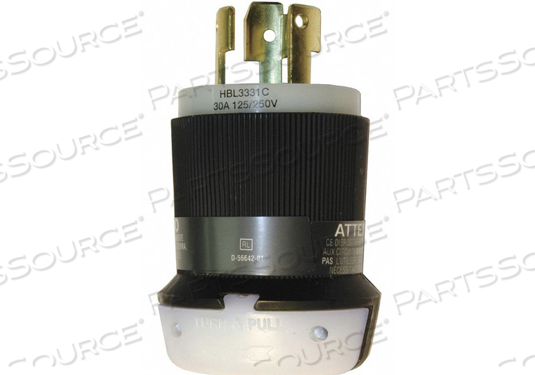 LOCKING PLUG, 30A, 125/250V, 3P 3W NYLON BLACK/WHITE by Hubbell Incorporated, Wiring Device-Kellums LOCKING PLUG, 30A, 125/250V, 3P 3W NYLON BLACK/WHITE by Hubbell Incorporated, Wiring Device-Kellums
