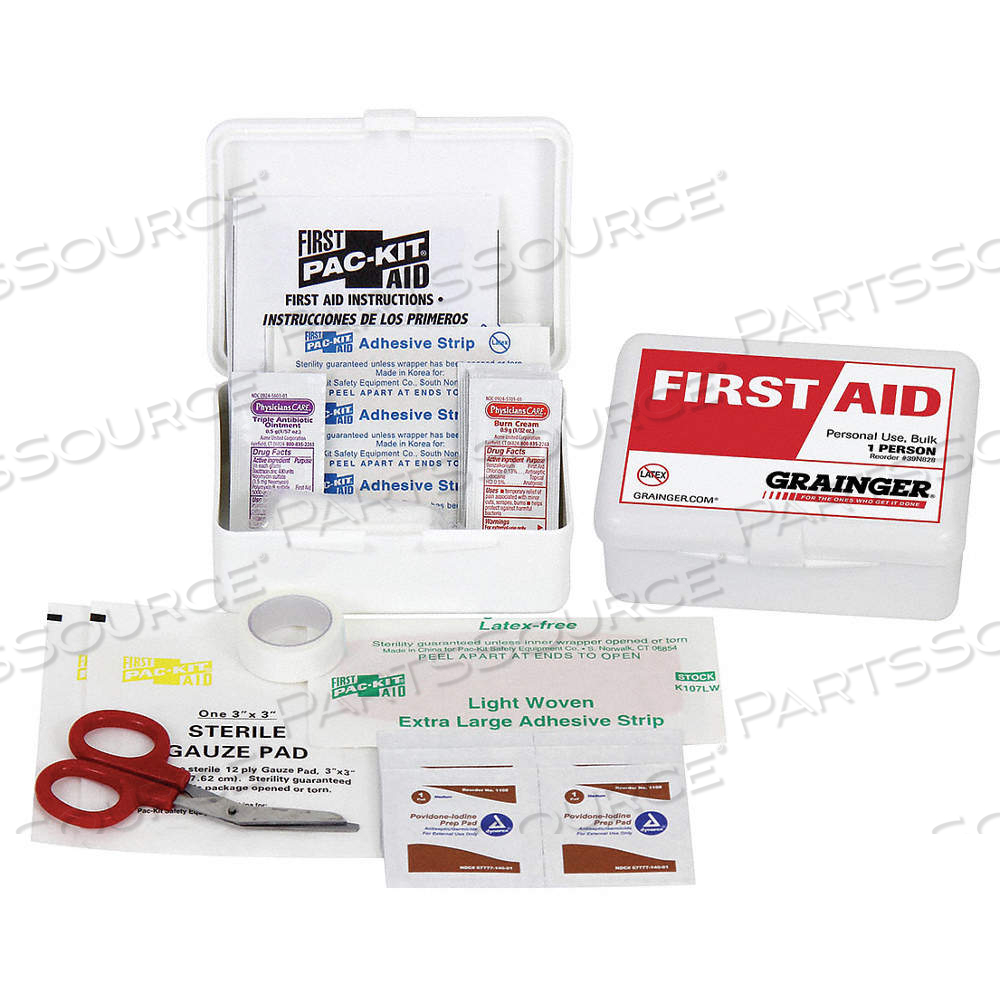 FIRST AID KIT AND HOUSING, GEN PURPOSE, 1 PEOPLE SERVED, 31 COMPONENTS, PLASTIC by Approved Vendor