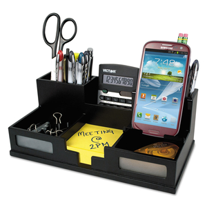 MIDNIGHT BLACK DESK ORGANIZER WITH SMARTPHONE HOLDER, 6 COMPARTMENTS, WOOD, 10.5 X 5.5 X 4 by Victor Technology, LLC