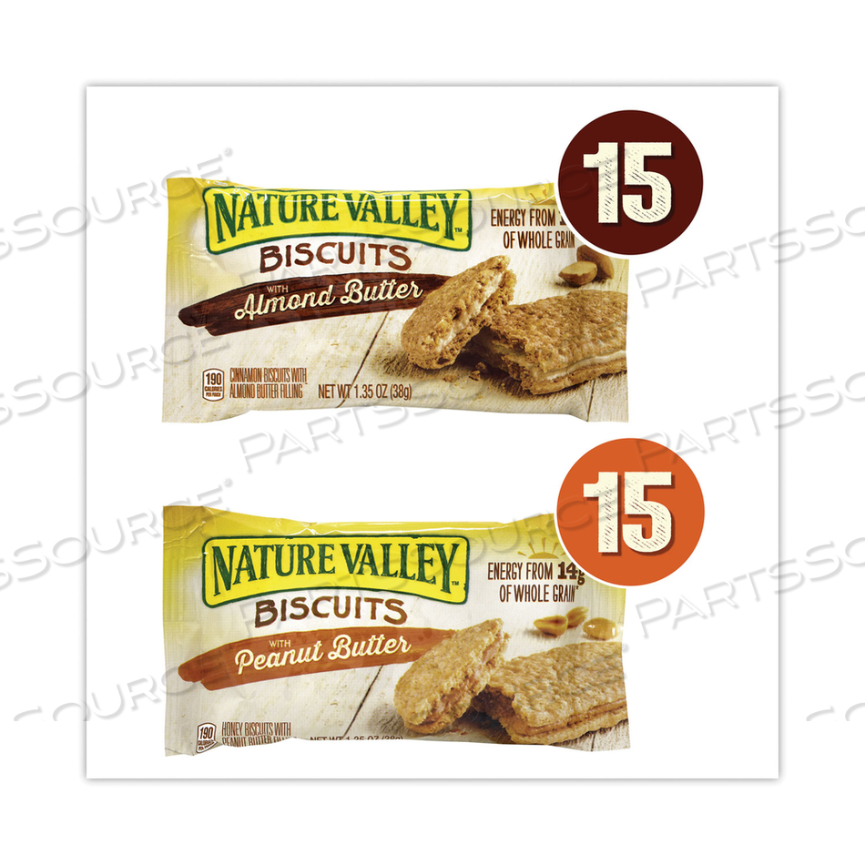 BISCUITS, CINNAMON WITH ALMOND BUTTER/HONEY WITH PEANUT BUTTER, 1.35 OZ POUCH, 30 COUNT 