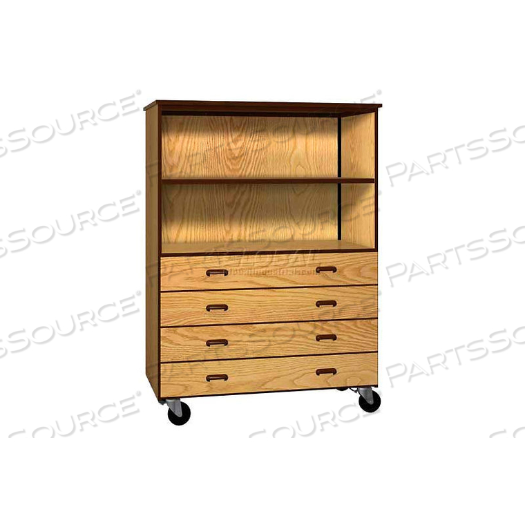 MOBILE WOOD COMBO CABINET, 4 DRAWERS, 1 SHELF, OPEN FRONT, 48 X 22-1/4 X 66, MAPLE/BLACK 