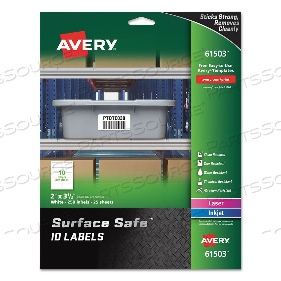 SURFACE SAFE ID LABELS, INKJET/LASER PRINTERS, 2 X 3.5, WHITE, 10/SHEET by Avery SURFACE SAFE ID LABELS, INKJET/LASER PRINTERS, 2 X 3.5, WHITE, 10/SHEET by Avery