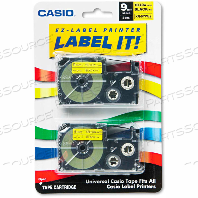 TAPE CASSETTES FOR KL LABEL MAKERS, 9MM X 26FT, BLACK ON YELLOW, 2/PACK 