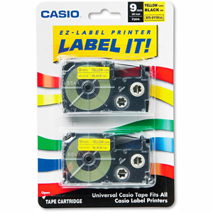 TAPE CASSETTES FOR KL LABEL MAKERS, 9MM X 26FT, BLACK ON YELLOW, 2/PACK by Casio