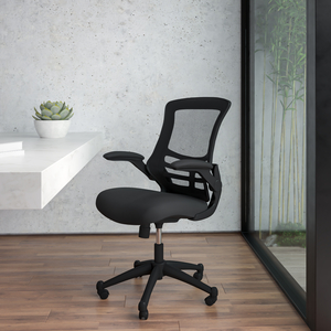 KELISTA MID-BACK BLACK MESH SWIVEL ERGONOMIC TASK OFFICE CHAIR WITH FLIP-UP ARMS by Flash Furniture