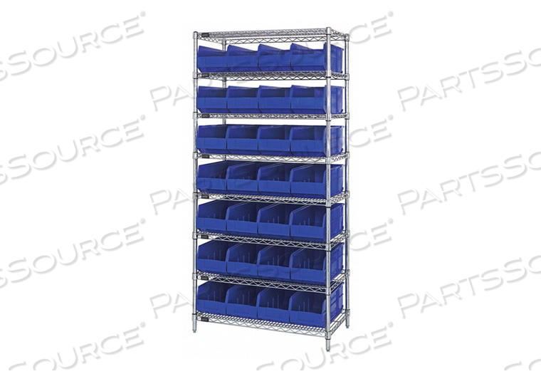 WR8-463 CHROME WIRE SHELVING WITH 28 SSB463 STACKABLE SHELF BINS BLUE, 36X18X74 by Quantum Storage Systems
