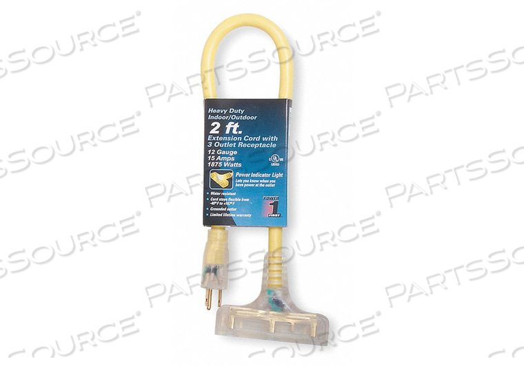 LIGHTED EXTENSION CORD, LOCATION OUTDOOR, CORD LENGTH 2 FT, WIRE SIZE 12 AWG, MAX. AMPS 15 A, VOLTAGE 125V AC, PLUG CONFIGURATION NEMA 5-15P by Power First