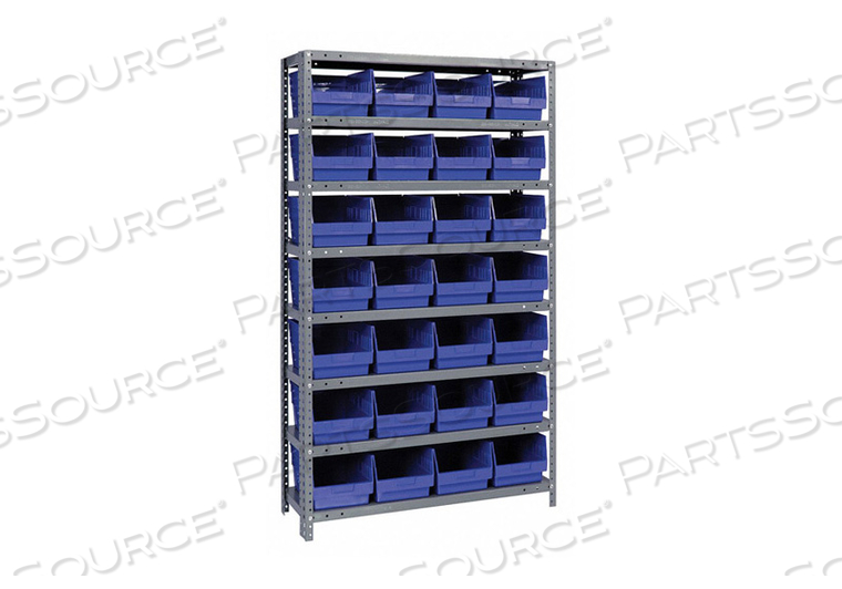 1275-SB807 STEEL SHELVING WITH 28 8"H PLASTIC SHELF BINS BLUE, 36X12X75-SB8 SHELVES by Quantum Storage Systems 1275-SB807 STEEL SHELVING WITH 28 8"H PLASTIC SHELF BINS BLUE, 36X12X75-SB8 SHELVES by Quantum Storage Systems