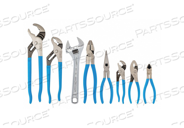 PLIER AND WRENCH SET, ESD-SAFE NO, INSULATED NO, NUMBER OF PLIERS 8, PLIER TYPES DIAGONAL, LINEMAN'S, LONG NOSE, SLIP-JOINT, TONGUE & GROOVE by Channellock Inc. PLIER AND WRENCH SET, ESD-SAFE NO, INSULATED NO, NUMBER OF PLIERS 8, PLIER TYPES DIAGONAL, LINEMAN'S, LONG NOSE, SLIP-JOINT, TONGUE & GROOVE by Channellock Inc.