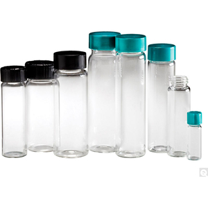 CLEAR GLASS SCREW THREAD VIALS WITH BLACK CAPS, 1 DRAM (4ML), CASE OF 144 by Qorpak