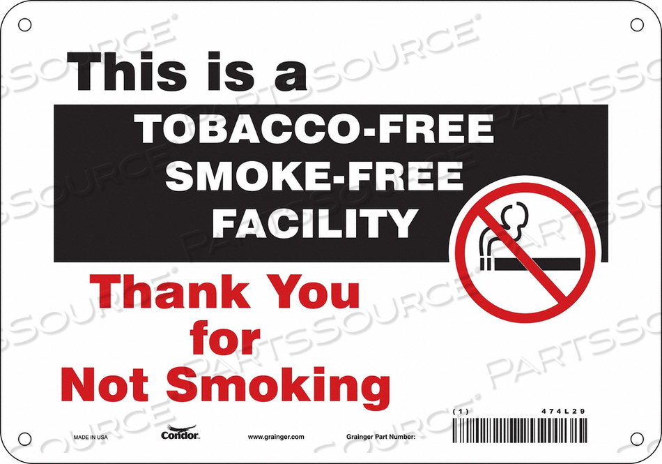 SAFETY SIGN, VERTICAL RECTANGLE, NUMBER OF PRINTED SIDES 1, ENGLISH, SIGN FORMAT OTHER FORMAT, SIGN LEGEND THIS IS A SMOKE-FREE TOBACCO-FREE by Condor SAFETY SIGN, VERTICAL RECTANGLE, NUMBER OF PRINTED SIDES 1, ENGLISH, SIGN FORMAT OTHER FORMAT, SIGN LEGEND THIS IS A SMOKE-FREE TOBACCO-FREE by Condor