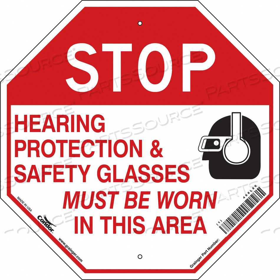 SAFETY SIGN, OCTAGON, NUMBER OF PRINTED SIDES 1, ENGLISH, SIGN FORMAT OTHER FORMAT, SIGN LEGEND STOP HEARING PROTECTION & SAFETY GLASSES MUS by Condor SAFETY SIGN, OCTAGON, NUMBER OF PRINTED SIDES 1, ENGLISH, SIGN FORMAT OTHER FORMAT, SIGN LEGEND STOP HEARING PROTECTION & SAFETY GLASSES MUS by Condor