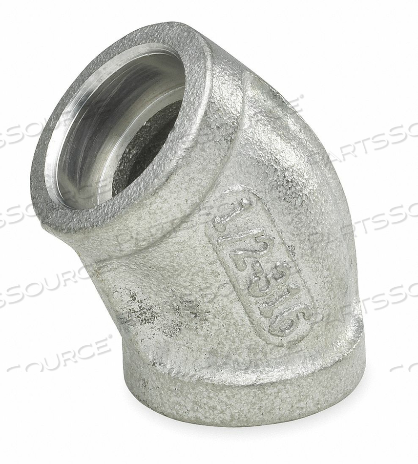 45° ELBOW, 304 STAINLESS STEEL, 1 1/2 IN X 1 1/2 IN FITTING PIPE SIZE, FEMALE X FEMALE, CLASS 3000 by Smith-Cooper 45° ELBOW, 304 STAINLESS STEEL, 1 1/2 IN X 1 1/2 IN FITTING PIPE SIZE, FEMALE X FEMALE, CLASS 3000 by Smith-Cooper