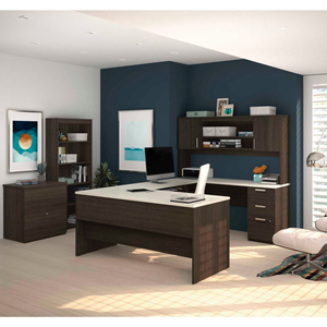 U-SHAPED DESK WITH LATERAL FILE AND BOOKCASE - DARK/WHITE CHOCOLATE - RIDGELEY SERIES by Bestar Technologies, Inc.