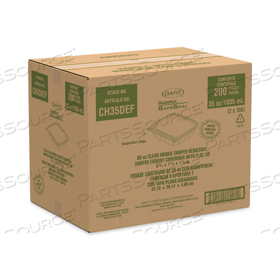 CLEARPAC SAFESEAL TAMPER-RESISTANT/EVIDENT CONTAINERS, FLAT LID, 35 OZ, 7.9 X 8.8 X 1.8, CLEAR, PLASTIC, 100/BAG by Dart Container Corporation CLEARPAC SAFESEAL TAMPER-RESISTANT/EVIDENT CONTAINERS, FLAT LID, 35 OZ, 7.9 X 8.8 X 1.8, CLEAR, PLASTIC, 100/BAG by Dart Container Corporation
