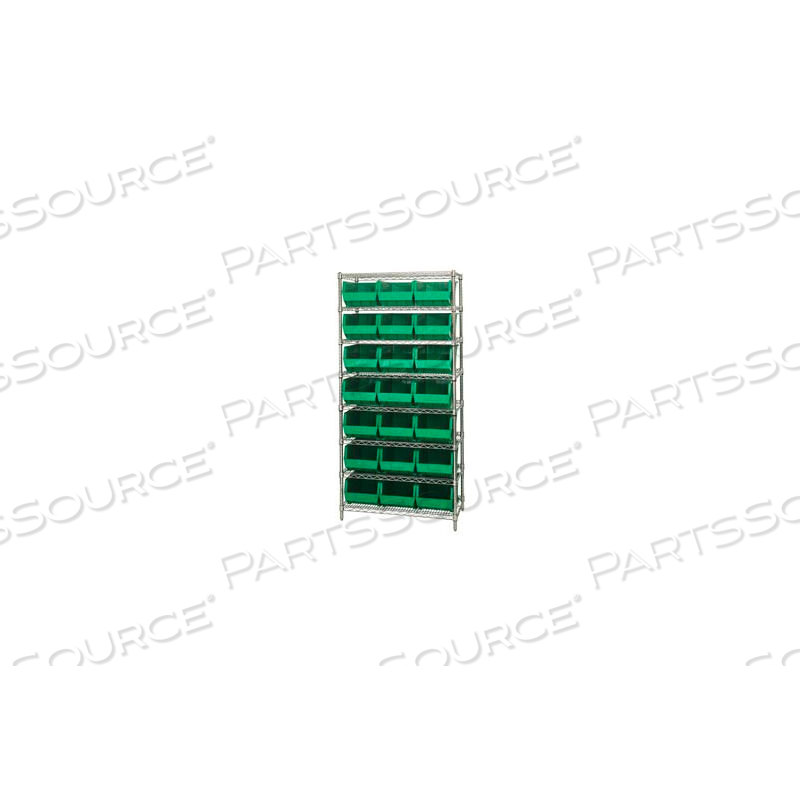 WR8-255 CHROME WIRE SHELVING WITH 21 GIANT PLASTIC STACKING BINS GREEN, 36X18X74 by Quantum Storage Systems