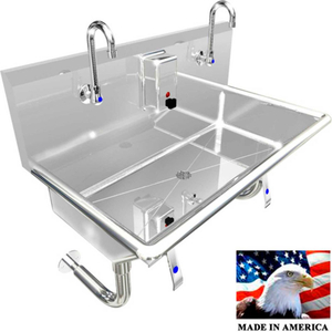 STAINLESS STEEL SINK, 2 STATIONS W/KNEE VALVE OPERATED FAUCETS, 36?G L X 20?G W X 8?G D by Best Sheet Metal, Inc.