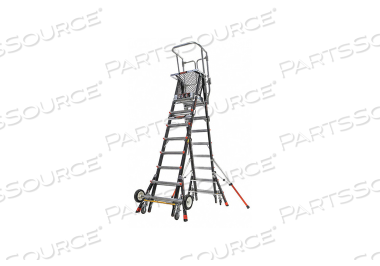 FIBERGLASS AERIAL SAFETY CAGE LADDER W/ WHEEL LIFT CASTERS, 8-14' TYPE 1AA by Little Giant