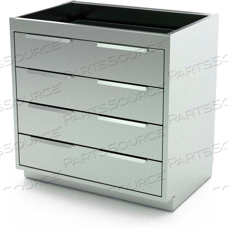 STAINLESS STEEL BASE CABINET, 4 DRAWERS, 30"W X 21"D X 36"H by Aero Manufacturing Co. STAINLESS STEEL BASE CABINET, 4 DRAWERS, 30"W X 21"D X 36"H by Aero Manufacturing Co.