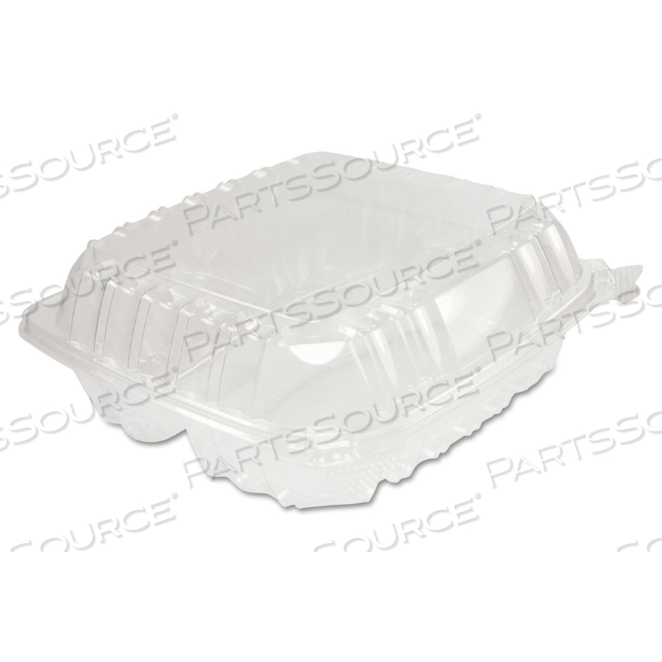 CLEARSEAL HINGED-LID PLASTIC CONTAINERS, 8.25 X 8.25 X 3, CLEAR, PLASTICS/CARTON by Dart Container Corporation CLEARSEAL HINGED-LID PLASTIC CONTAINERS, 8.25 X 8.25 X 3, CLEAR, PLASTICS/CARTON by Dart Container Corporation